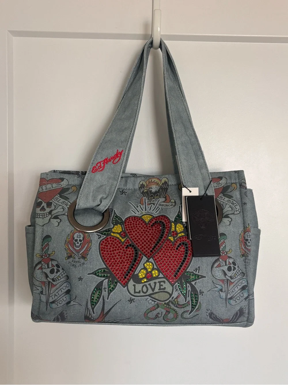 Ed Hardy Light Denim Tote with Red Rhinestone Heart Cluster